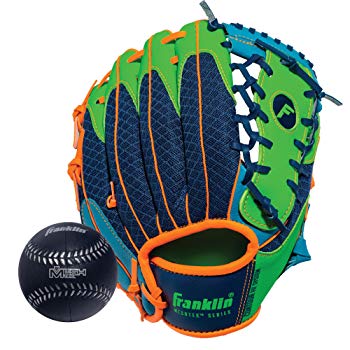 Franklin Sports Teeball Recreational Series Fielding Left Hand Glove with Baseball, 9.5-Inch, Royal/Lime/Orange